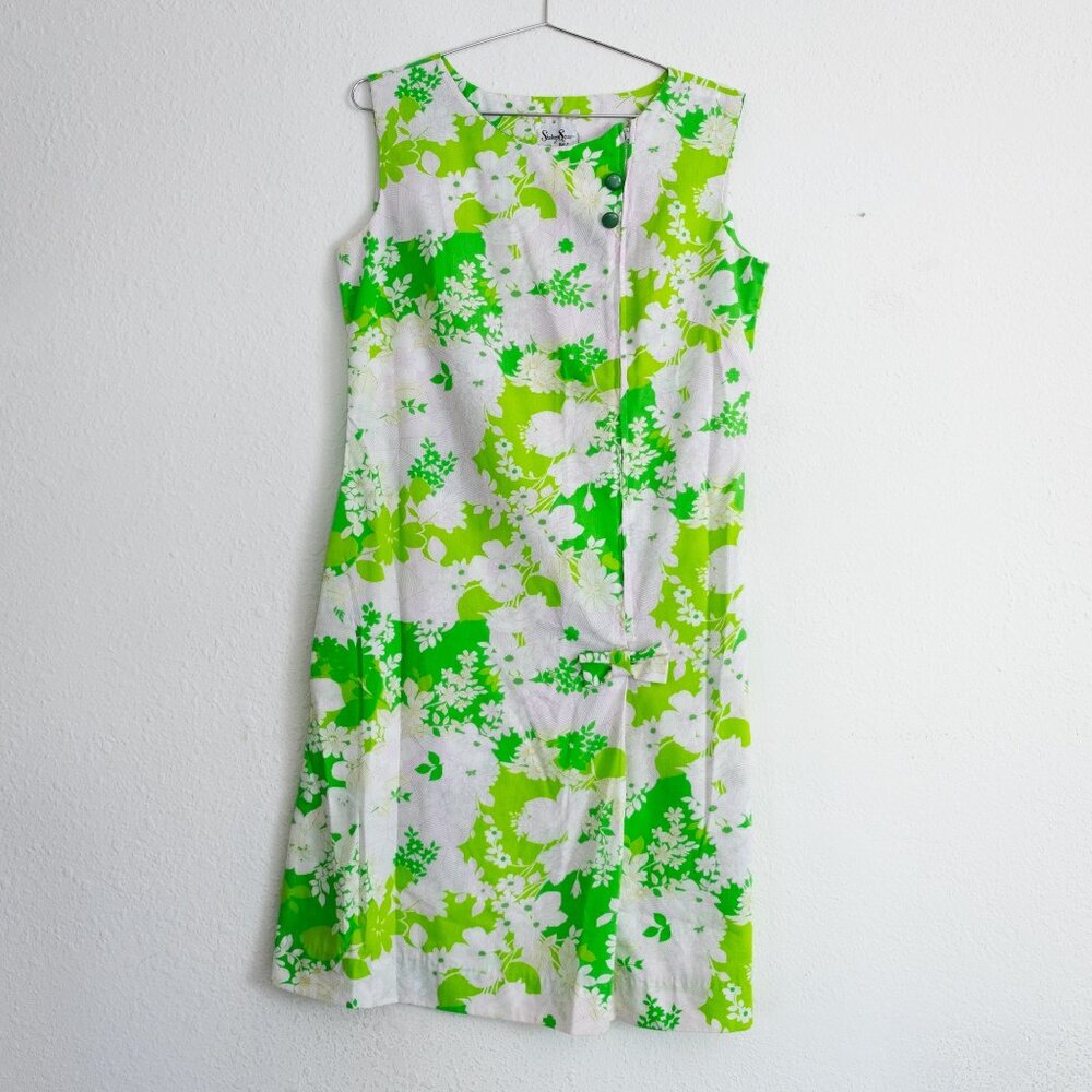 Vintage green floral dress, sleeveless